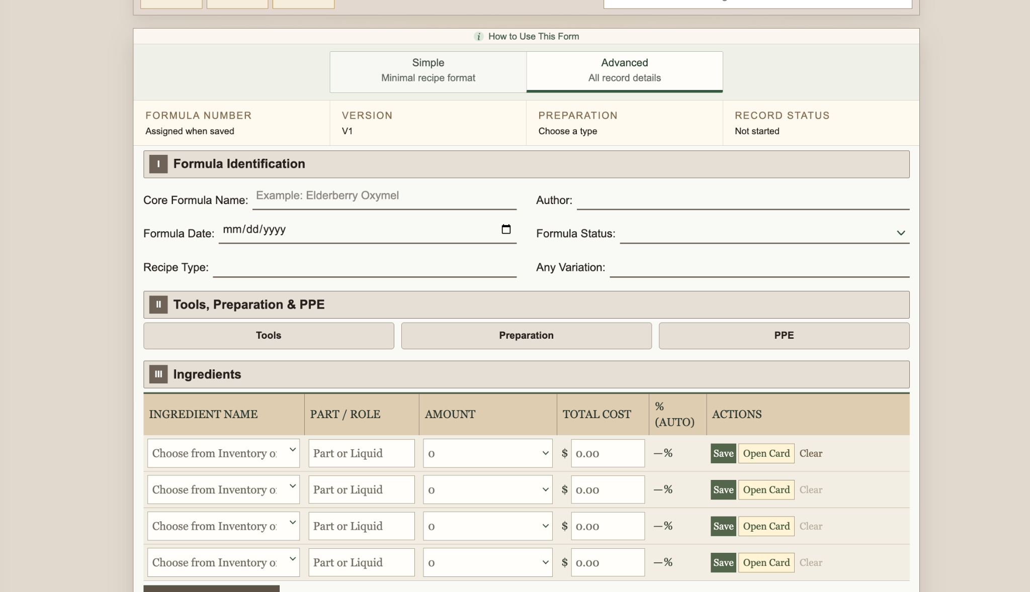 Actual Herbal Ledger Core formulas screen