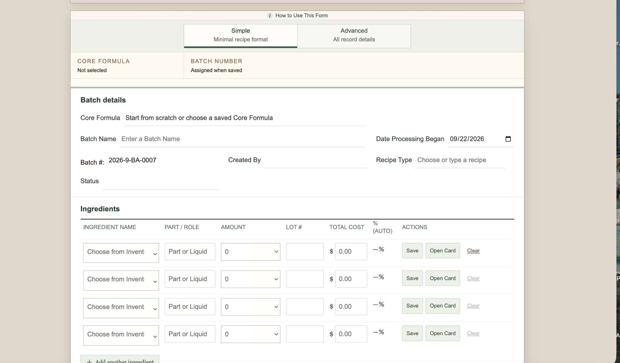 Actual Herbal Ledger Batch recipes & packaging screen