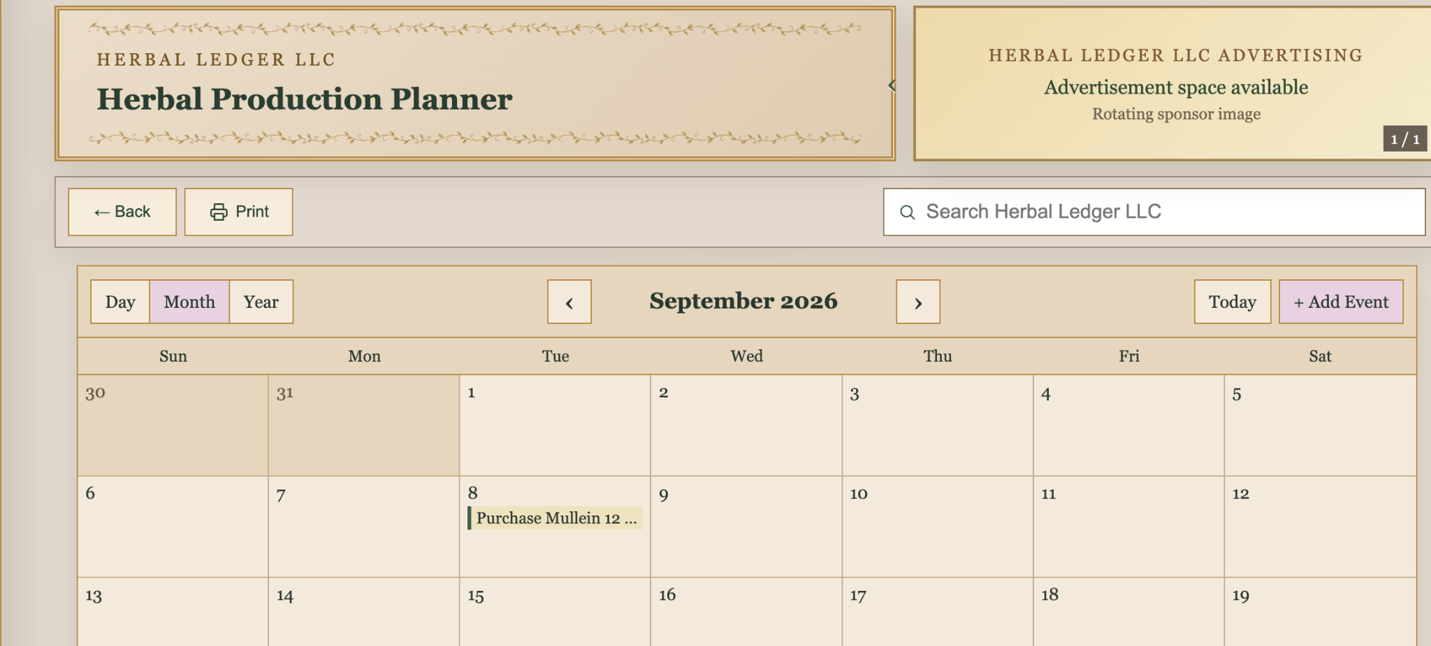 Actual Herbal Ledger Calendar & planner screen