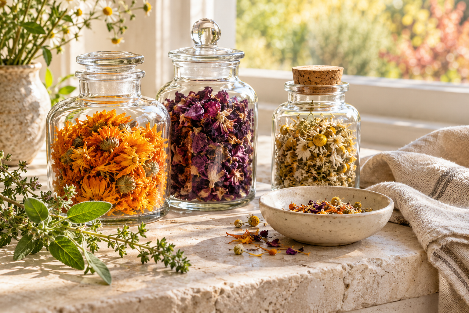 Sunlit jars of colorful dried botanicals